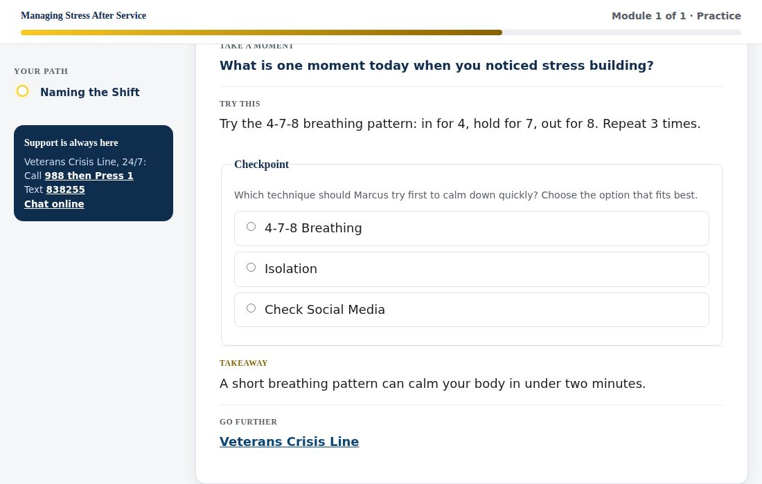 A checkpoint screen from a real, rendered course: a reflection prompt, a multiple-choice checkpoint, a takeaway, and a resource link, in the audited course template.